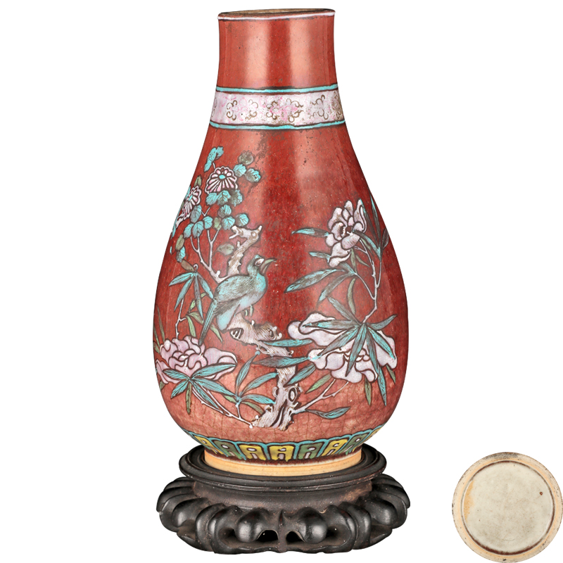 清代銅紅釉花鳥(niǎo)紋福桶瓶