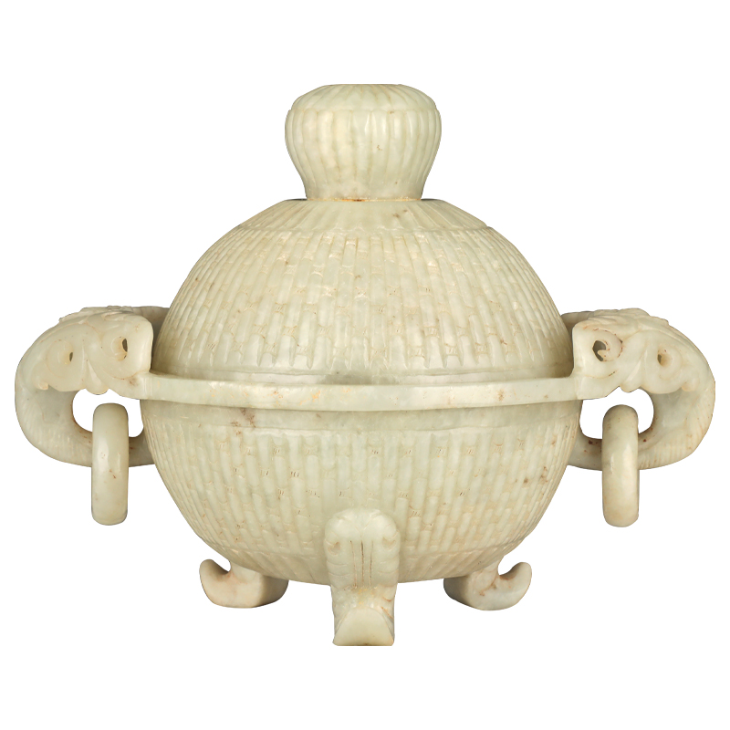 明代和田青白玉象耳銜環(huán)蓋尊