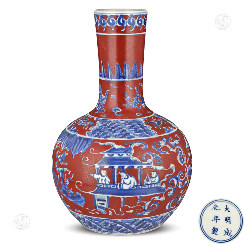大明成化年制款霽紅青花人物故事天球瓶